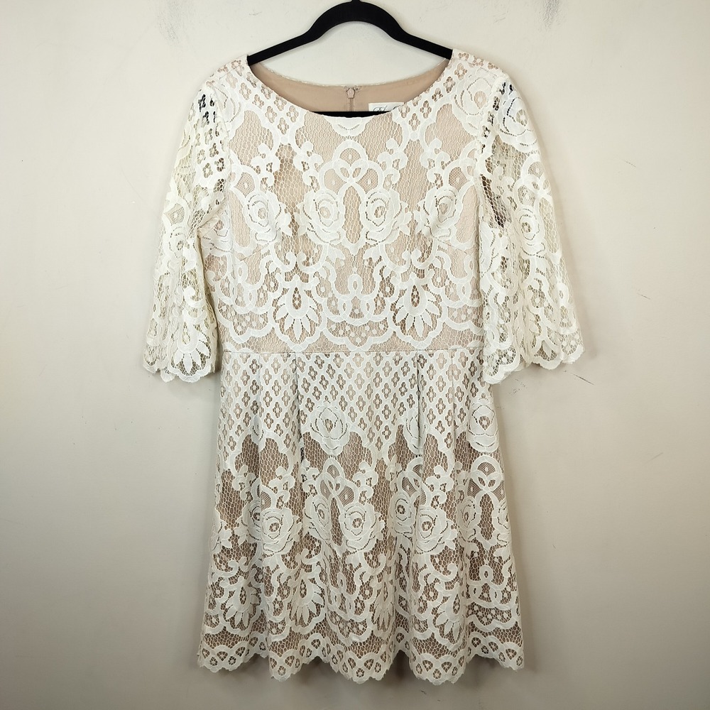 Eliza J White Floral Lace Dress 12 Floral Scalloped Hem Pleated Wedding Party